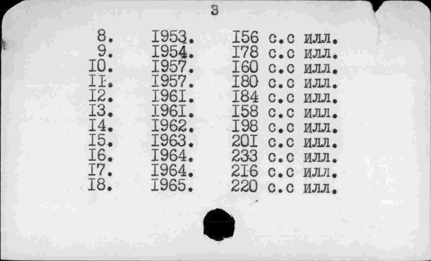 ﻿8.	1953
9.	1954
10.	1957
II.	1957
12.	1961
ІЗ.	1961
14.	1962
15.	1963
16.	1964
17.	1964
18.	1965
156 С.С ИЛЛ 178 с.с илл 160 с,с илл 180 с.с илл 184 с.с илл 158 с.с илл 198 с.с илл 201 с.с илл 233 с.с илл 216 с.с илл 220 с.с илл